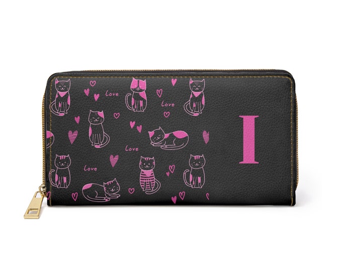 Pink Love Cats Black Zippered Wallet – Personalized with Initial I | Cruelty-Free Faux Leather | Gift for Her | Cute Cat Wallet for Women