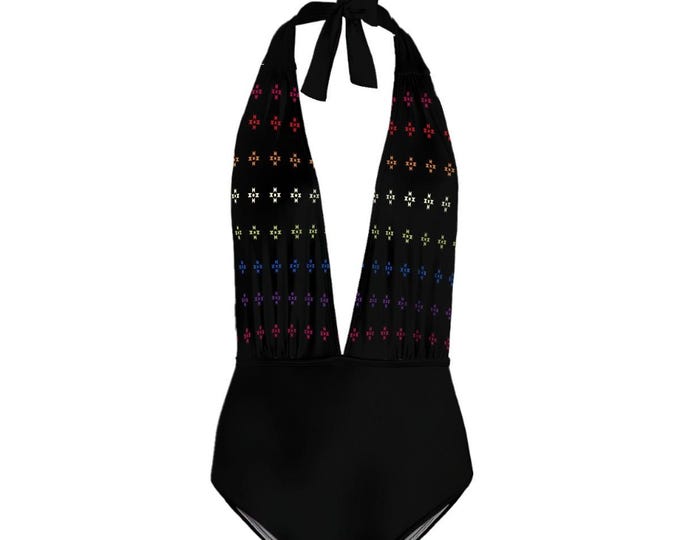 Rainbow Native American Stars Pattern Deep V One Piece Black Swimsuit