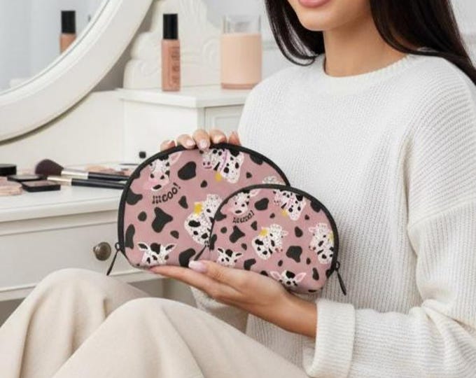 Featherlight Pink Cow Print Makeup Bag Set of 2 – Travel Cosmetic Organizer with Compartments