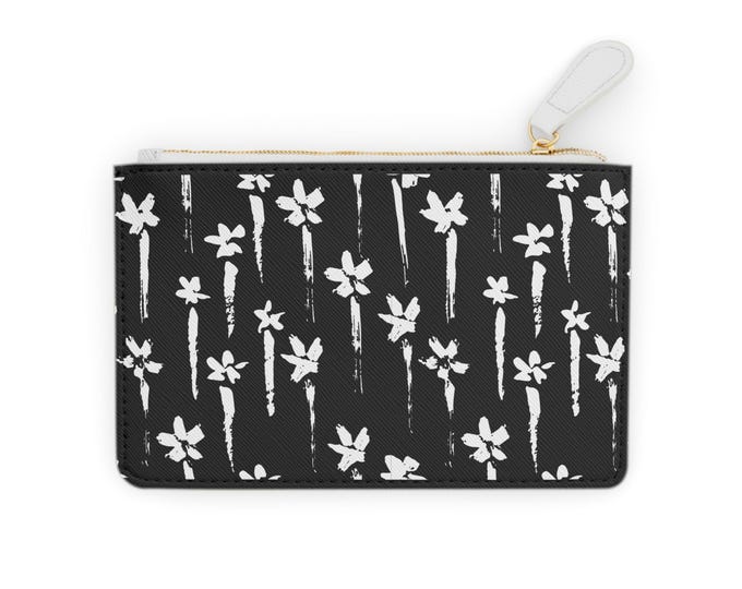 Handpainted White Wildflowers Mini Clutch Wallet | Black Floral Zipper Pouch