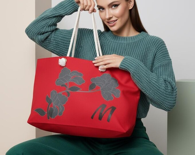 Red and Black Womens Floral Tote, Personalized with your Initial, Bag, Initial M, Weekender Bag