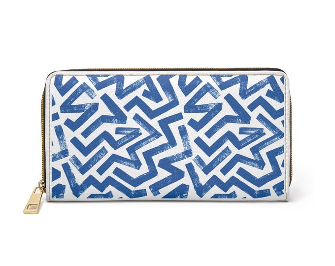 Blue and White Geometric Star Pattern Zipper Wallet | Abstract Nautical Stripe