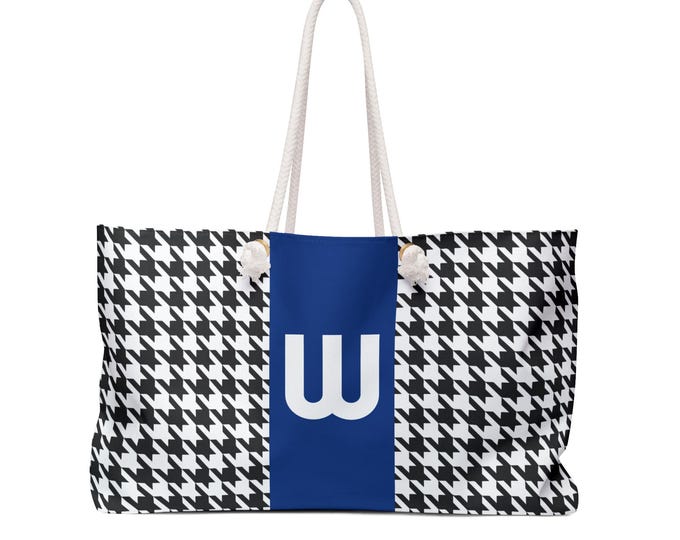 Houndstooth Black & White Weekender Tote | Blue W Initial | Personalized Women’s Handbag