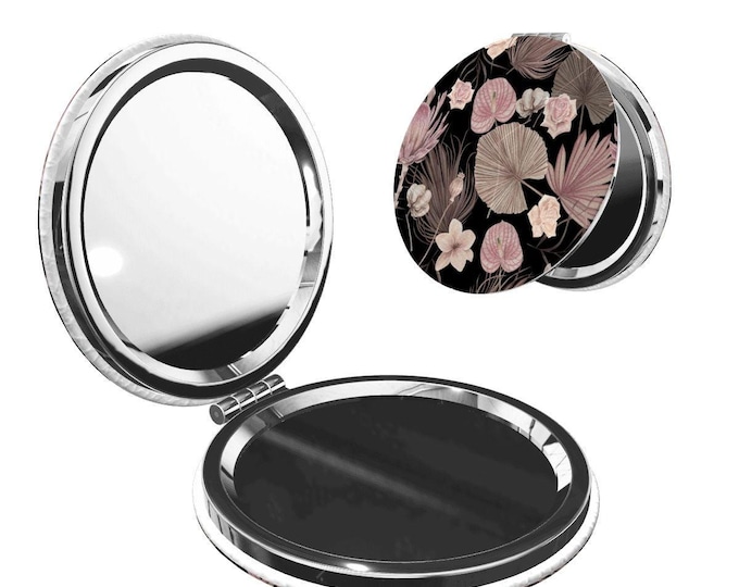 Botanical Black Round Shape Portable Pocket Mirror
