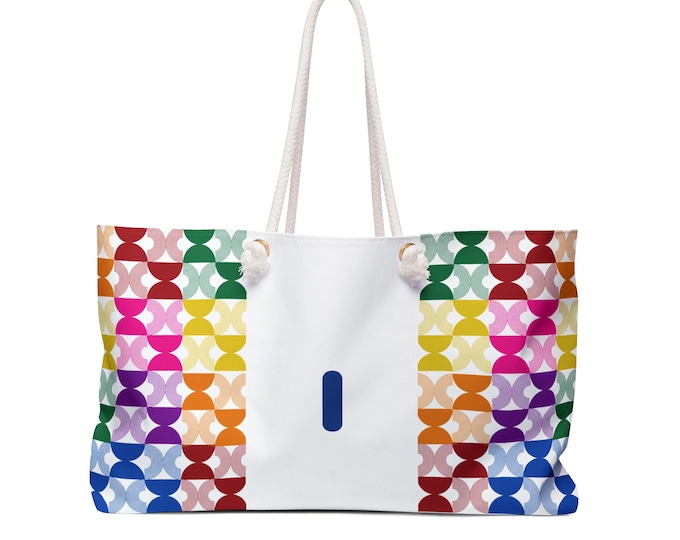 Personalized Womens Tote, Rainbow Mid Century Modern, White with Initial I, Weekender Bag