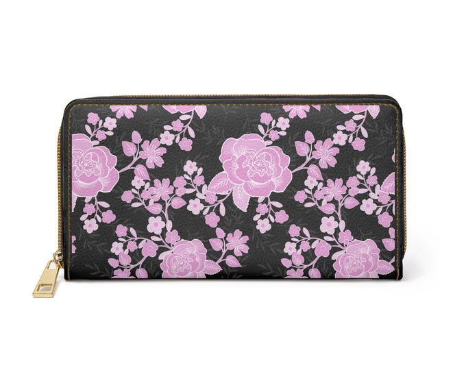 Pink Rose Pattern Zipper Wallet | Black Faux Leather Floral Wallet | Gift for Her | Stylish Vegan Clutch for Cash, Cards & Coins
