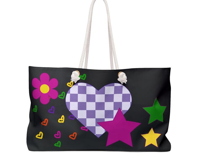 Checkerboard Heart Black Weekender Bag | Colorful Stars & Flower Beach Tote