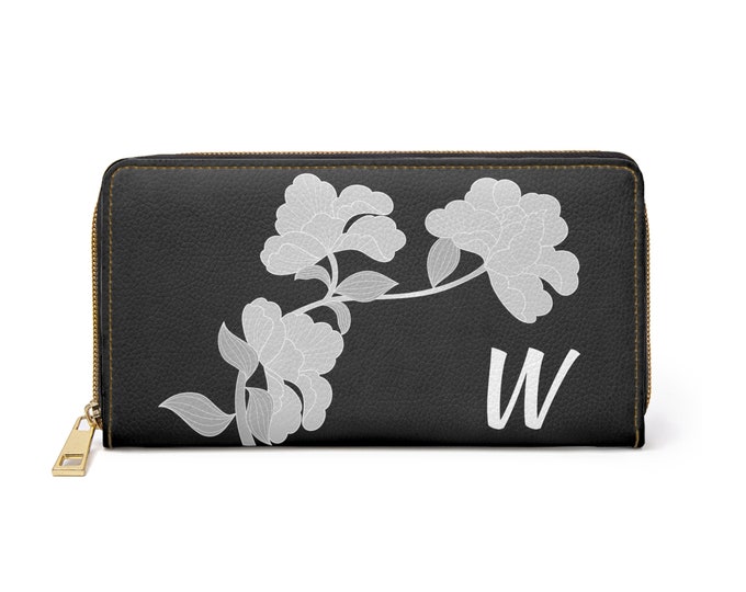 Black and White Womens Floral Wallet, Personalized with your Initial, Zippered Wallet, Initial W