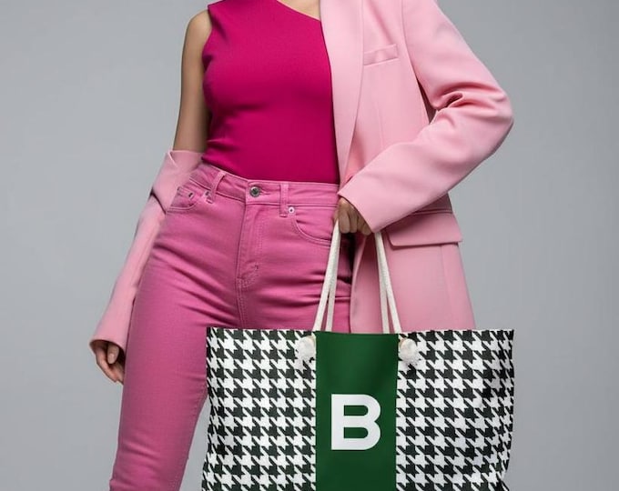 Custom Tote Bag | Houndstooth Green & White Personalized - B Initial