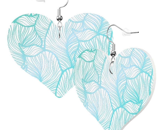Teal Floral Heart Leather Earrings, Lightweight Statement Earrings, White Faux Leather Jewelry, Boho Floral Earrings, Gift for Her, 925 Hook