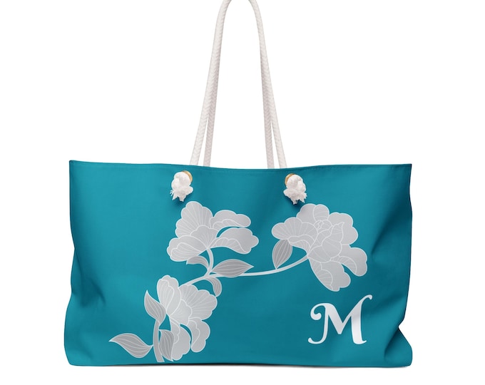 Aqua Floral Tote, Personalized with your Initial, Tote Bag, Weekender Bag