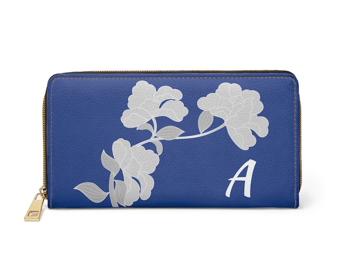 White & Blue Floral Wallet with Initial A | Personalized Women’s Zippered Wallet | Vegan Leather | Elegant Gift for Her | Iron Woman 80