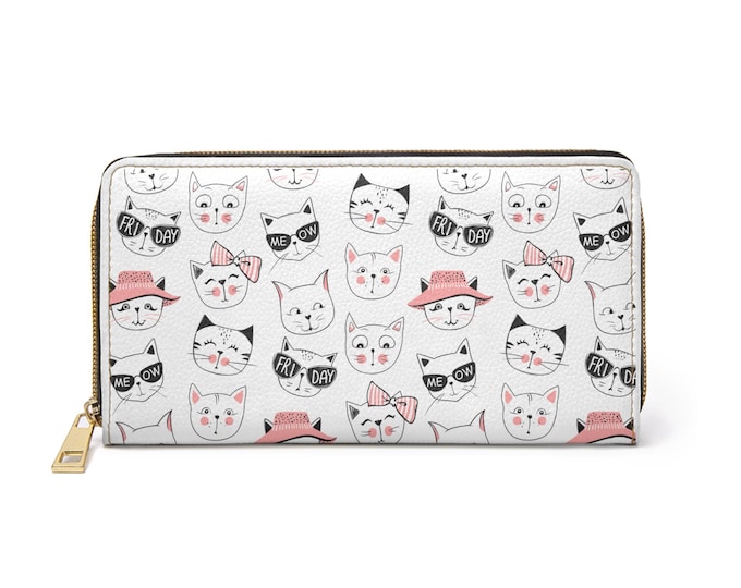 Cute Cat Faces Pattern Zipper Wallet | White Cat Print Wallet