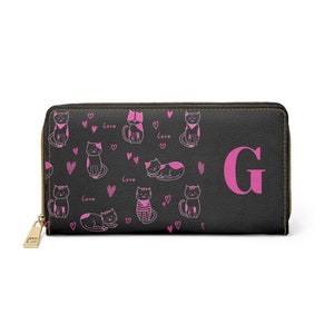 Copy of Copy of Copy of Pink Love Cats Black Wallet, Zippered Wallet, Personalized Wallet, Womens Wallet, Initial G