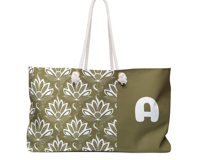 Moss Green Chic Succulent Floral Weekender Tote Bag | Personalized with your Initial