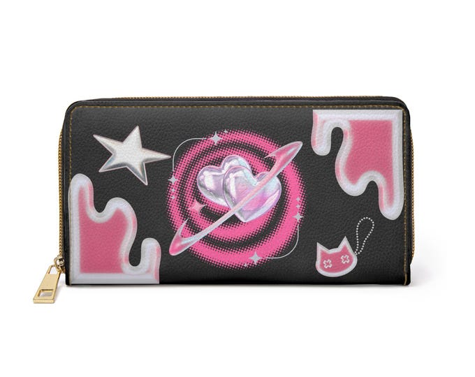 Black and Pink Y2K White and Pink Cosmic Heart Swirl Zipper Wallet | Cute Drip Stars Cat Icons