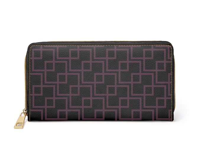 Geometric Interlock Pattern Zipper Wallet | Purple Grid Design