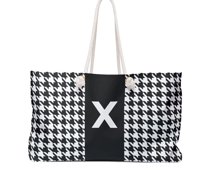 Black, and White with Black X Bag, Initialized Detail Womens Weekender Tote Bag, Personalized Bag, Initialized Handbag