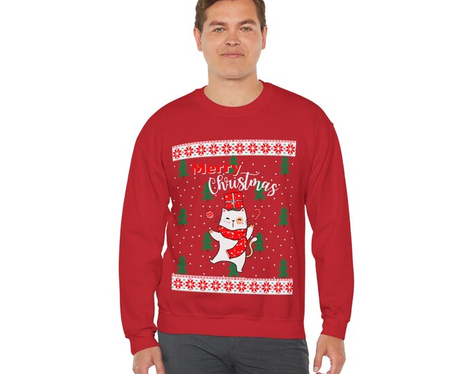 Red Christmas Cat Ugly Sweater Unisex Heavy Blend Crewneck