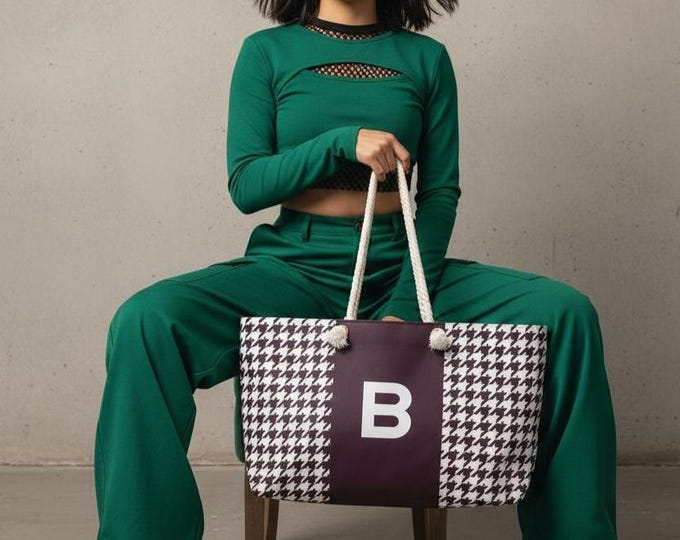 Native Berry Houndstooth Weekender Tote, Personalized A Z Initial Bag, Sustainable Oversized Travel Purse for Her