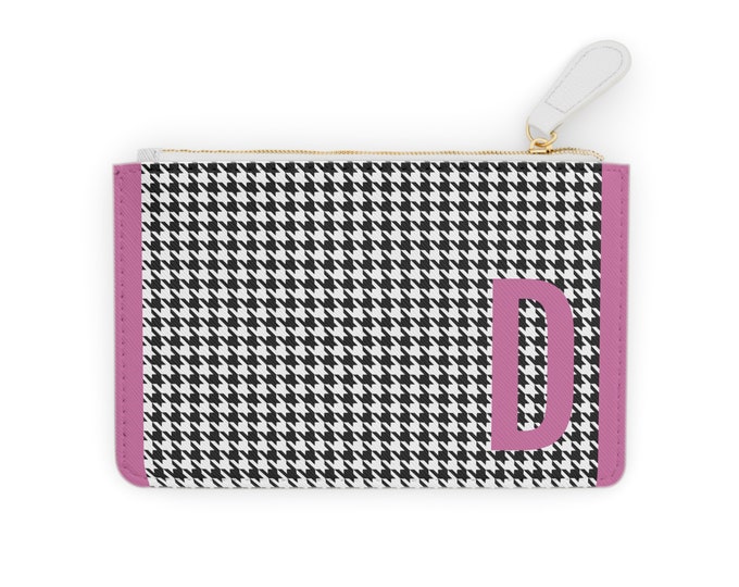 Houndstooth Pink Detail Initialized, D Initial, Personalized Mini Clutch Bag, Womens Zippered Card Holder