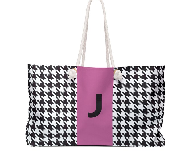 Houndstooth Black, White and Pink, with Black J Initialized Detail Womens Weekender Tote Bag, Personalized Bag, Initialized Handbag