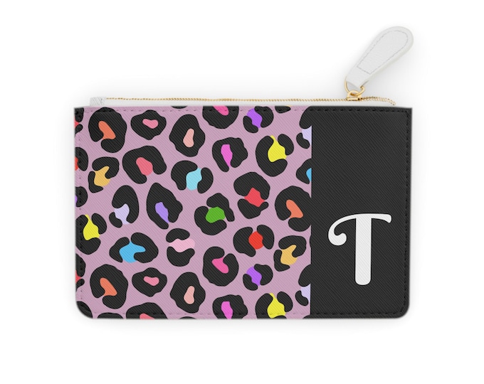 Rainbow Leopard Initial T Mini Clutch Bag – Pink & Black Cardholder, Personalized Vegan Leather Wallet Gift for Her