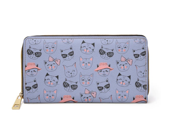 Cute Cat Faces Pattern Zipper Wallet | Gray Blue Cat Print Wallet