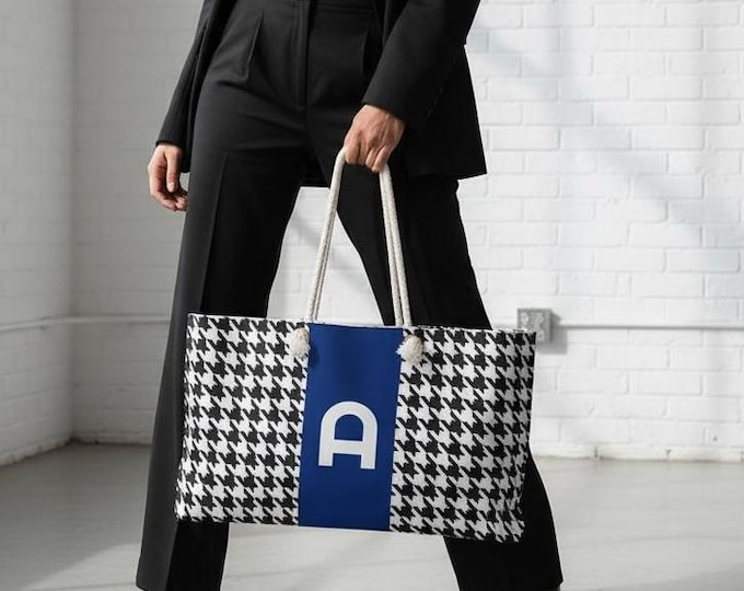 Houndstooth Black & White Weekender Tote | Blue A Initial | Personalized Women’s Handbag