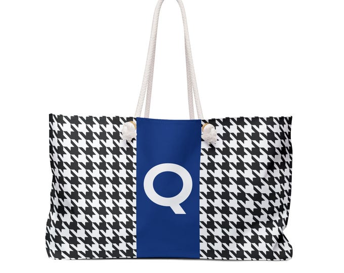 Personalized Houndstooth Weekender Tote | Black & White with Blue Initial Q or G | Oversized Travel Bag | Gift for Her | Rope Handle Tote