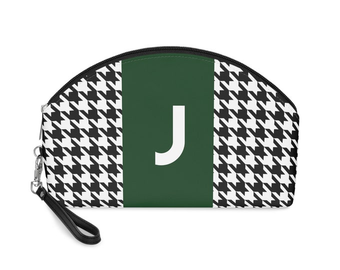 Forrest Green, Black, and White Houndstooth patterned Makeup Bag, Personalized with Initial J, Her Makeup bag, Initialized