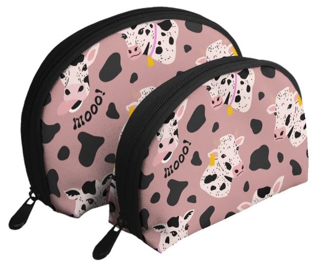 Featherlight Pink Cow Print Makeup Bag Set of 2 – Travel Cosmetic Organizer with Compartments