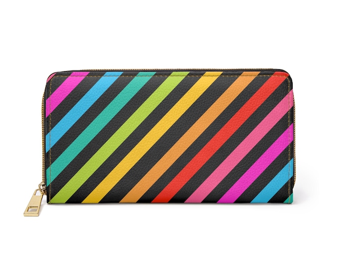 Rainbow Diagonal Striped White Zipper Wallet