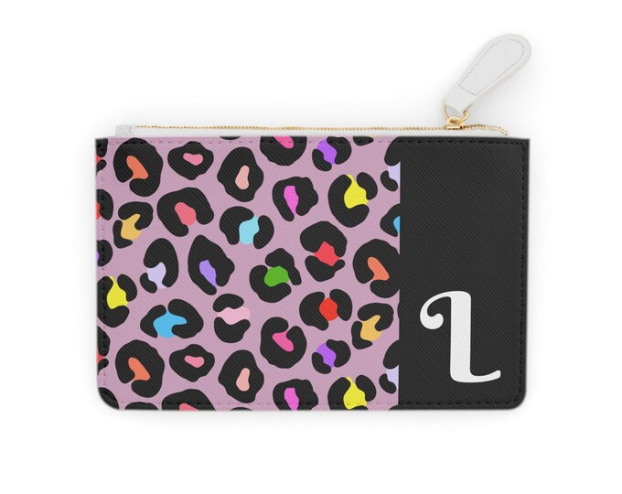 Rainbow Leopard Initial L Mini Clutch Bag – Pink & Black Cardholder, Personalized Vegan Leather Wallet Gift for Her