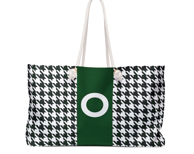 Houndstooth Black White & Forest Green Weekender Tote Bag – Personalized Women’s Oversized Travel Handbag with Initial O