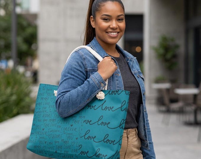 Handwritten 'Love' Script Weekender Bag | Aqua Black Script Pattern