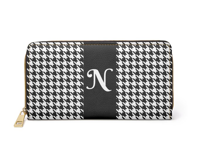 Houndstooth Black and White with White Initial N, Womens Zippered Wallet, Personalized Wallet, Womens Wallet
