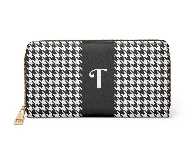 Houndstooth Black and White with White Initial T, Womens Zippered Wallet, Personalized Wallet, Womens Wallet