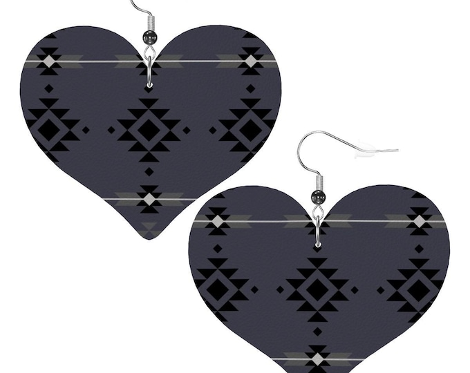 Charcoal and Black Native Pattern Heart Shape Leather Earrings