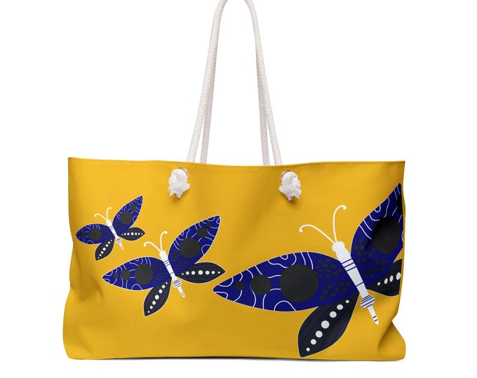Blue Butterfly Pattern Weekender Bag | Yellow Floral Travel Tote