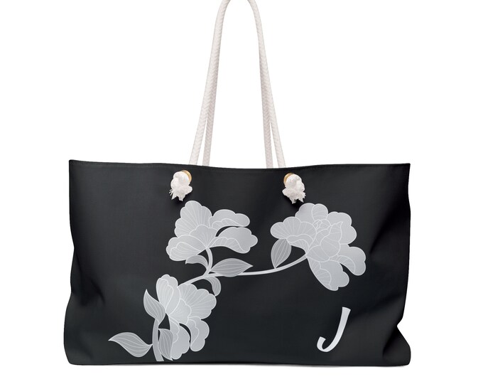 Black and White Womens Floral Tote, Personalized with your Initial, Bag, Initial J, Weekender Bag