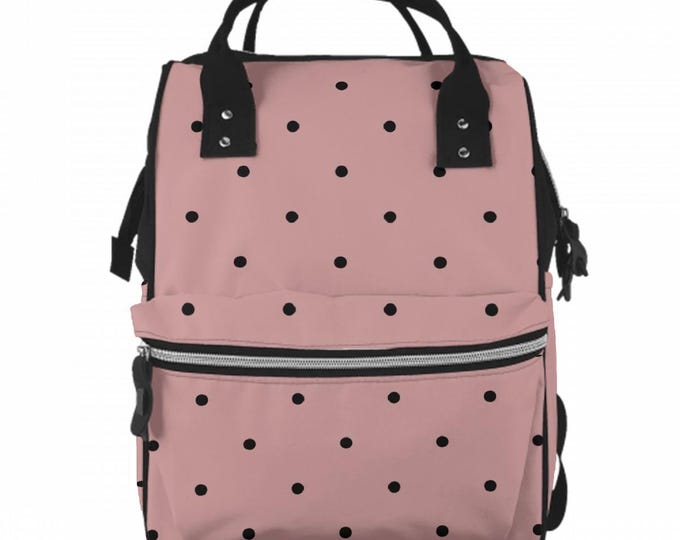 Multifunctional Large Capacity Mommy Backpack Diaper Bag, Black Polka Dots in Featherlight Pink