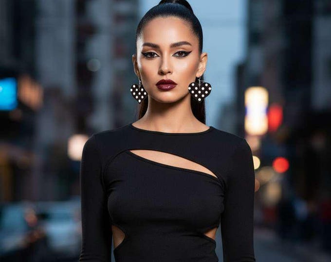 white Polka Dot Black Heart Shape Leather Earrings