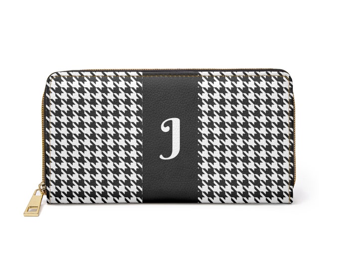 Houndstooth Black and White with White Initial J, Womens Zippered Wallet, Personalized Wallet, Womens Wallet