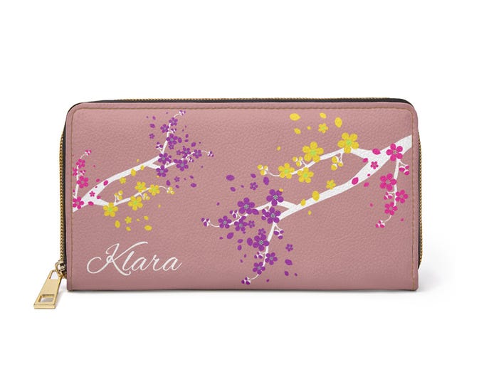 Custom Option Personalized Women's Wallet, Featherlight with Purple, Pink and Yellow Cherry Blossoms, Your name here, Zippered Wallet