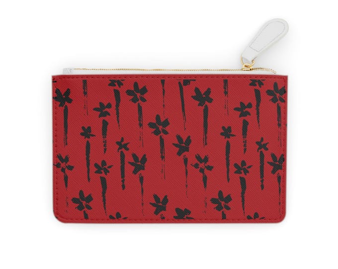 Black Brushstroke Flowers Mini Clutch Bag | Red Floral Pattern, Zipper Pouch