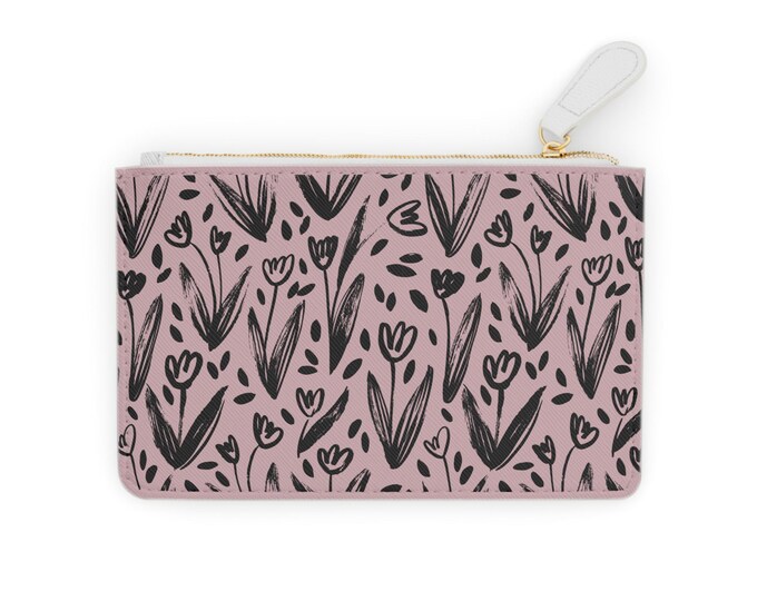 Hand-Drawn Tulip Pattern Mini Clutch Bag | Floral Zipper Pouch