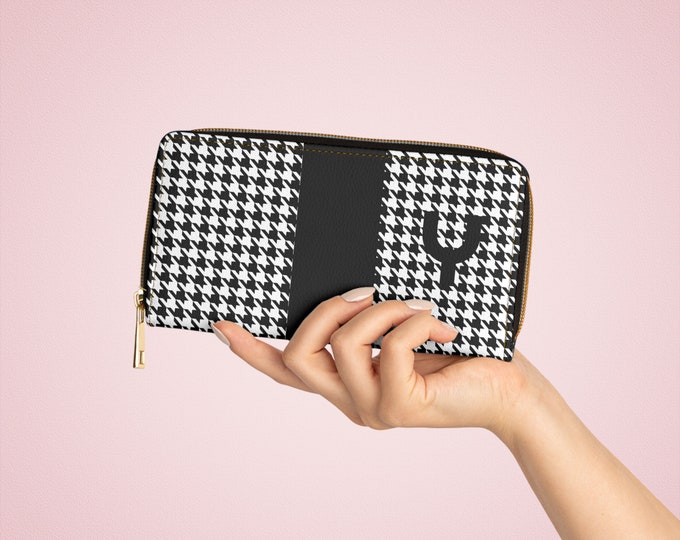 Houndstooth Black and White with Black, Y Initialized Detail Womens Zippered Wallet