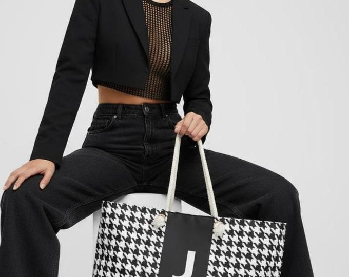 Custom Tote Bag | Houndstooth Pattern, Black & White Personalized - J Initial