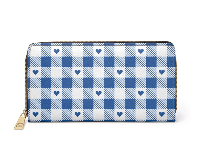Morning Glacier Plaid Hearts Zipper Wallet | Plaid Heart Pattern Wallet